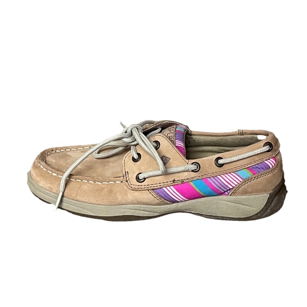 Sperry Top-Sider Girls Boat Shoes Size 2.5M Tan Leather Rainbow Stripe Nautical - Picture 2 of 10